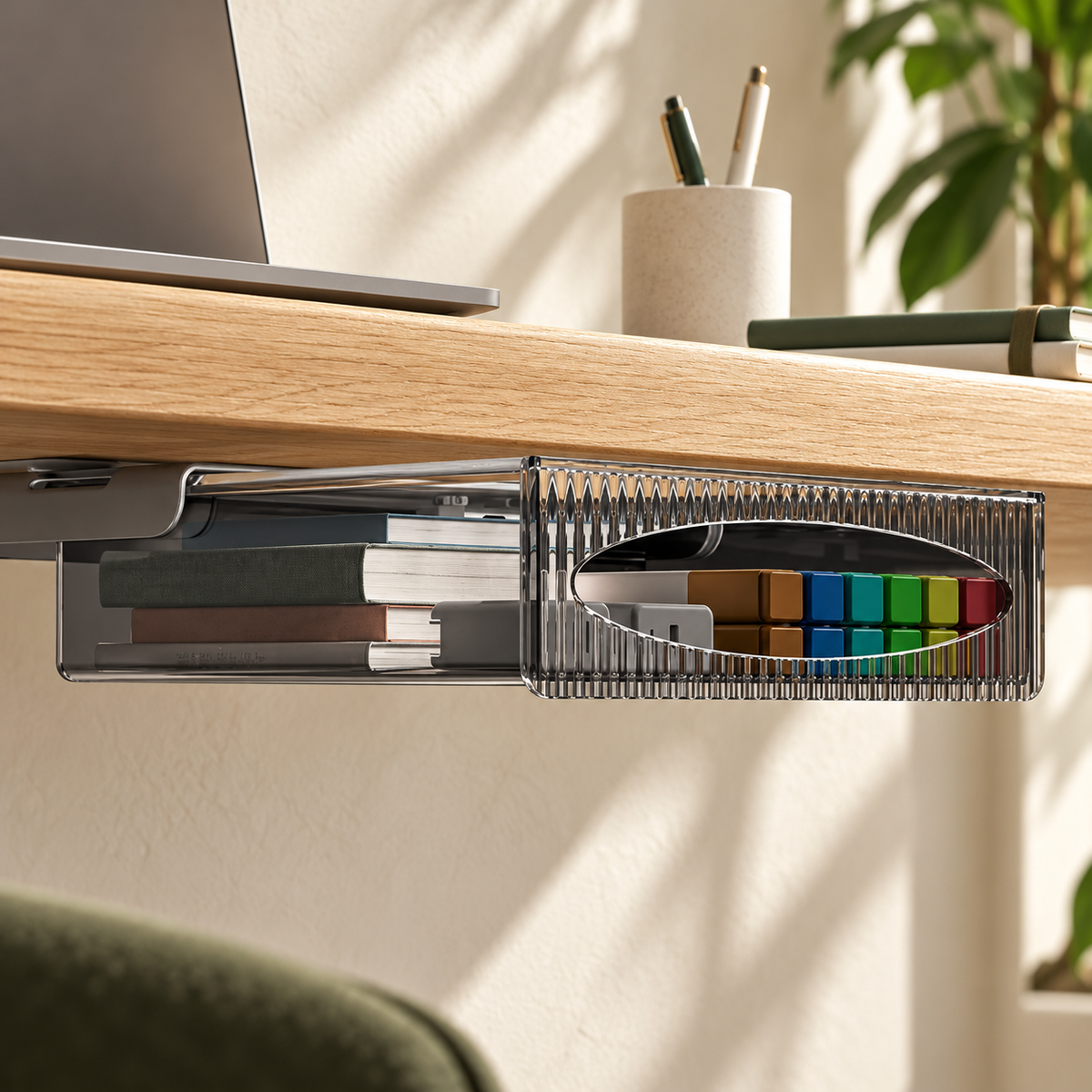 Tiroir de rangement sous un bureau en bois.