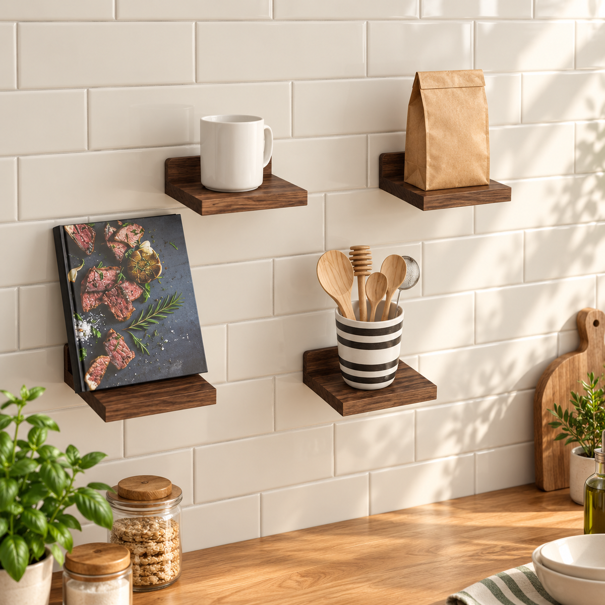 Quatre petites étagères murales en bois brun portant des objets de cuisine sur une crédence crème.