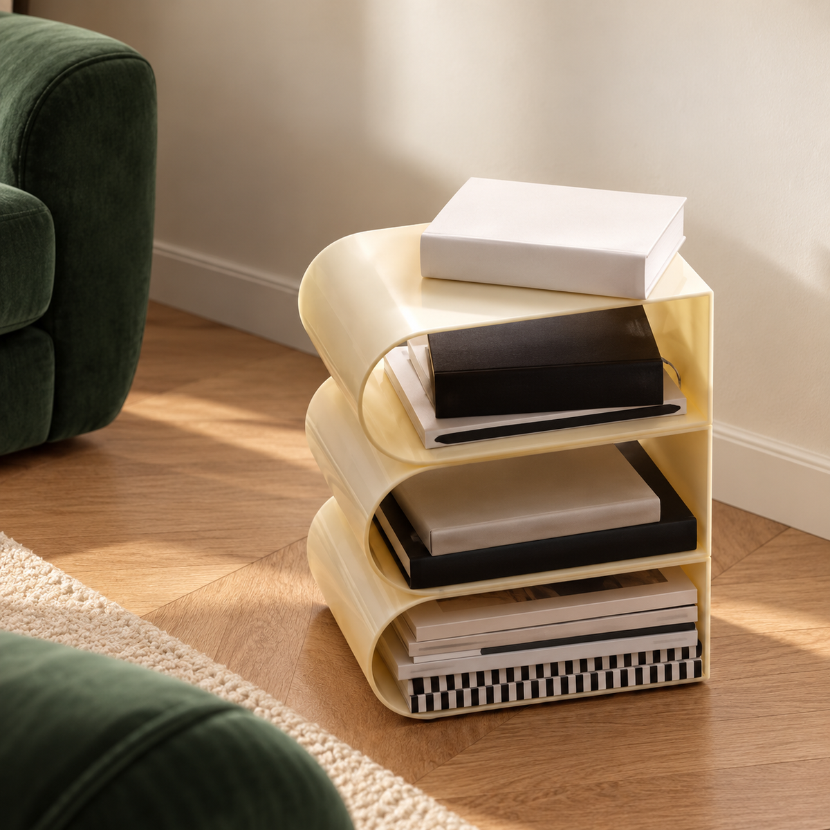 Petite étagère courbée de couleur crème contenant des livres, près d'un fauteuil vert.
