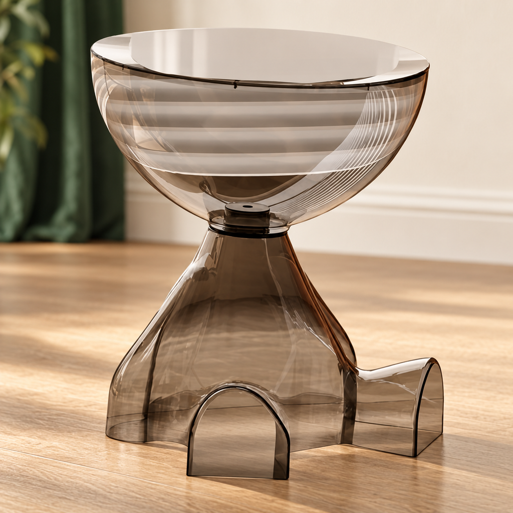 Petite table d'appoint translucide fumée à forme arrondie, présentée sur un parquet en bois.