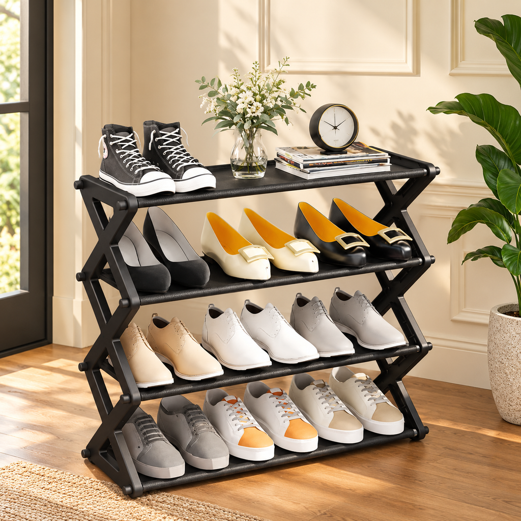 Étagère à chaussures noire à quatre niveaux et structure latérale en X, dans une entrée crème.