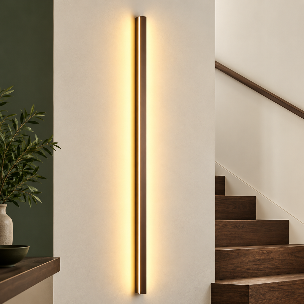 Applique LED longue et verticale sur un mur crème, avec halo chaud près d'un escalier en bois.