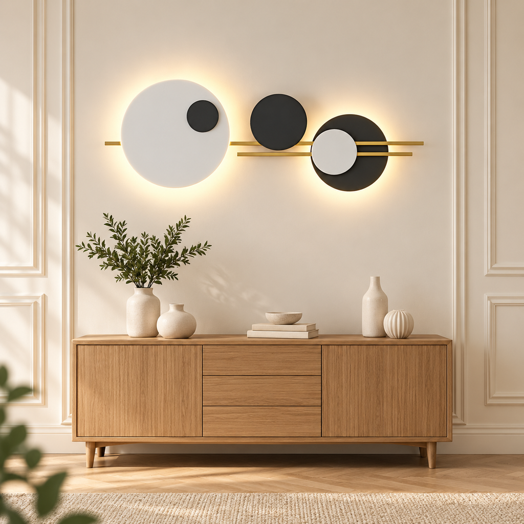 Applique murale géométrique à disques noirs et blancs et tiges dorées, au-dessus d'une console en bois.