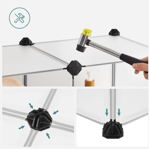 Illustration de l’assemblage des panneaux et raccords du rangement modulable.