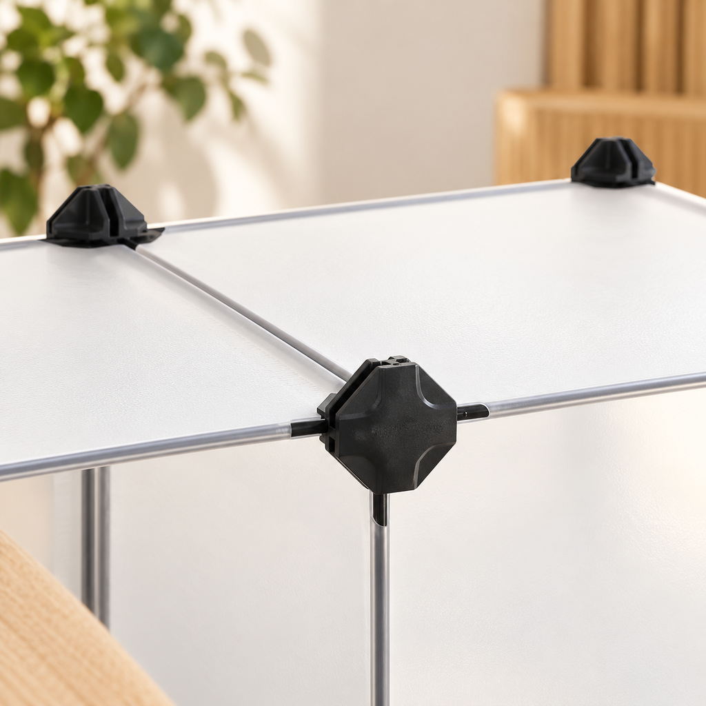 Gros plan des panneaux blancs et raccords noirs du système de rangement modulable.