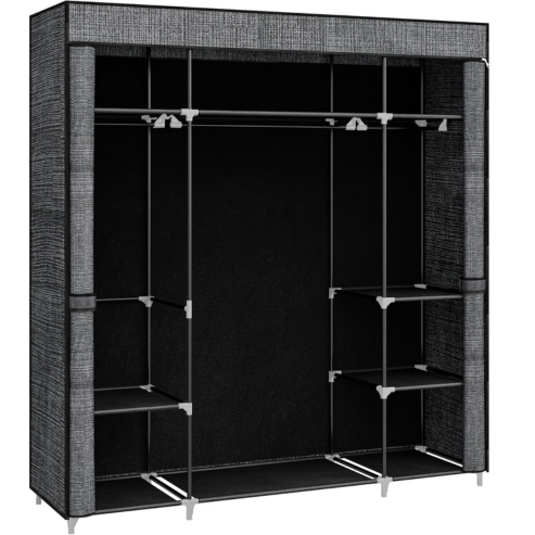 Armoire en tissu sombre ouverte et vide, avec tringle et compartiments.