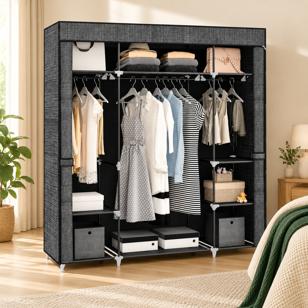 Armoire portable ouverte en tissu anthracite avec penderies et étagères, dans une chambre crème.
