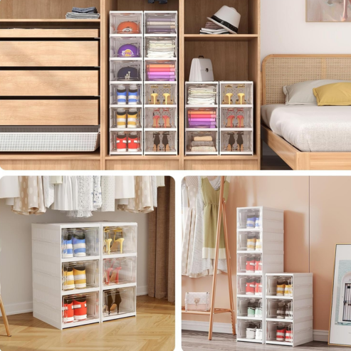 Boîtes à chaussures transparentes empilées dans une chambre et un dressing.