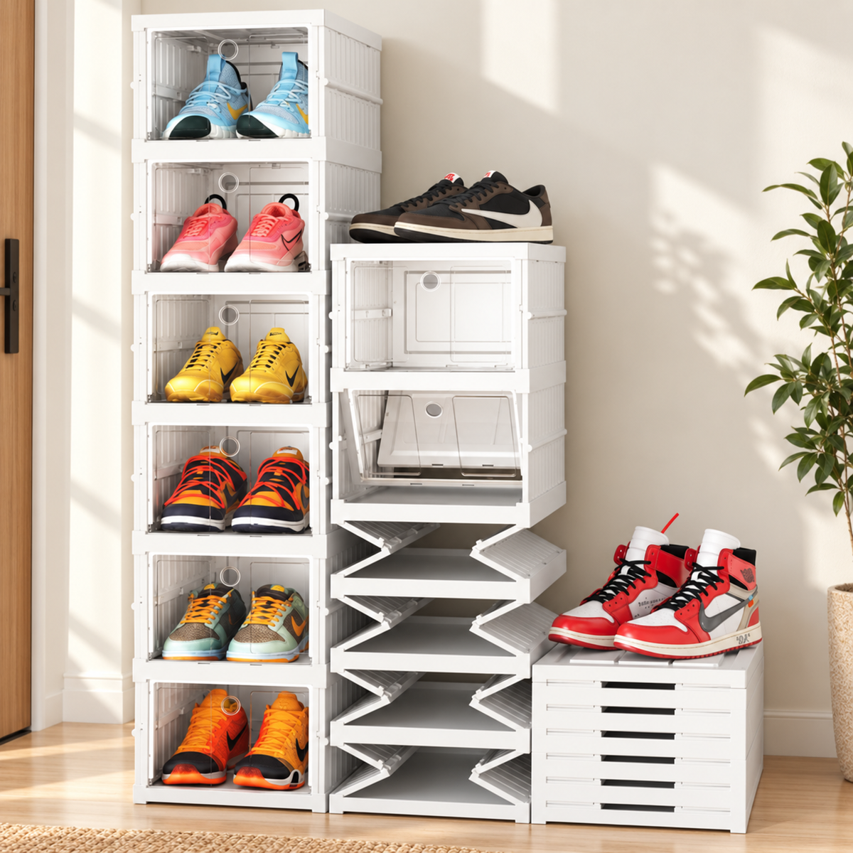 Boîtes à chaussures blanches à portes transparentes, montrées empilées, ouvertes et repliées dans une entrée lumineuse.