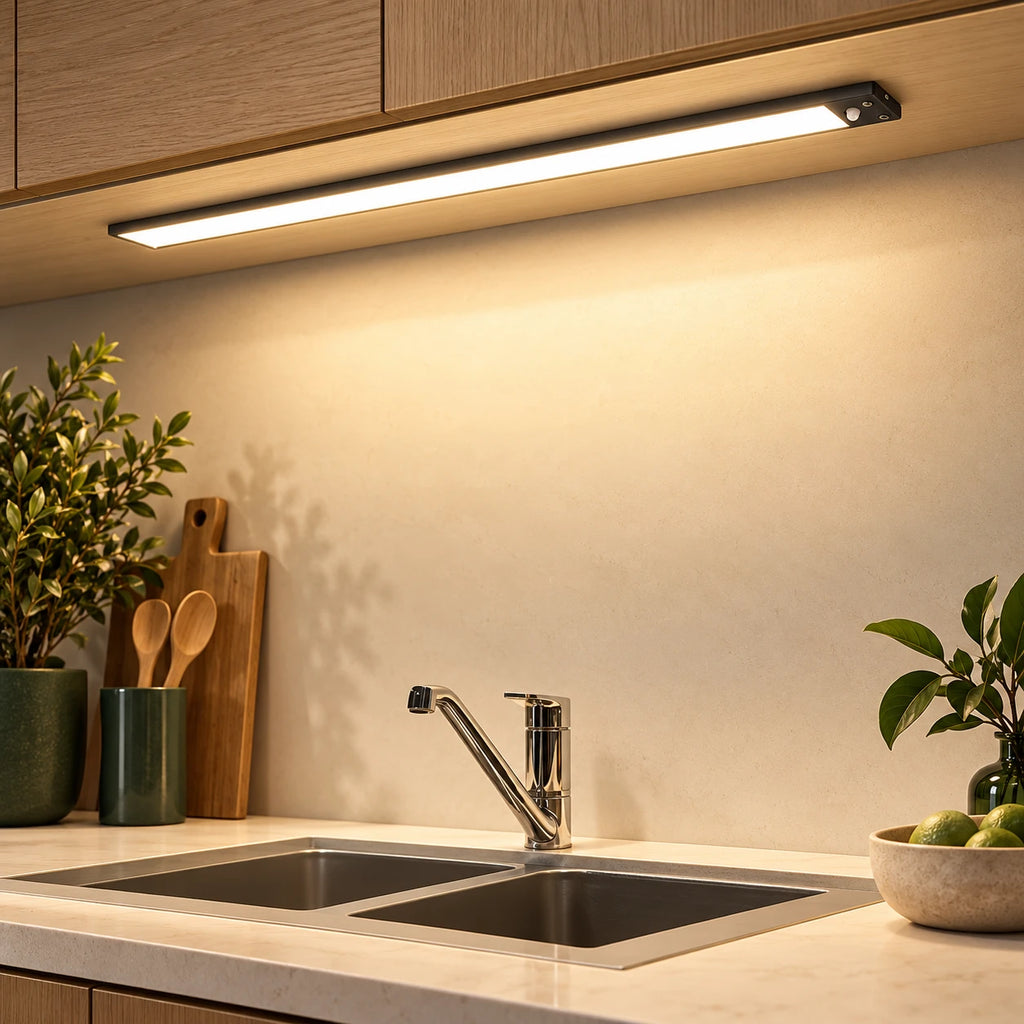 Réglette LED noire sous un meuble de cuisine en bois, éclairant une crédence crème.