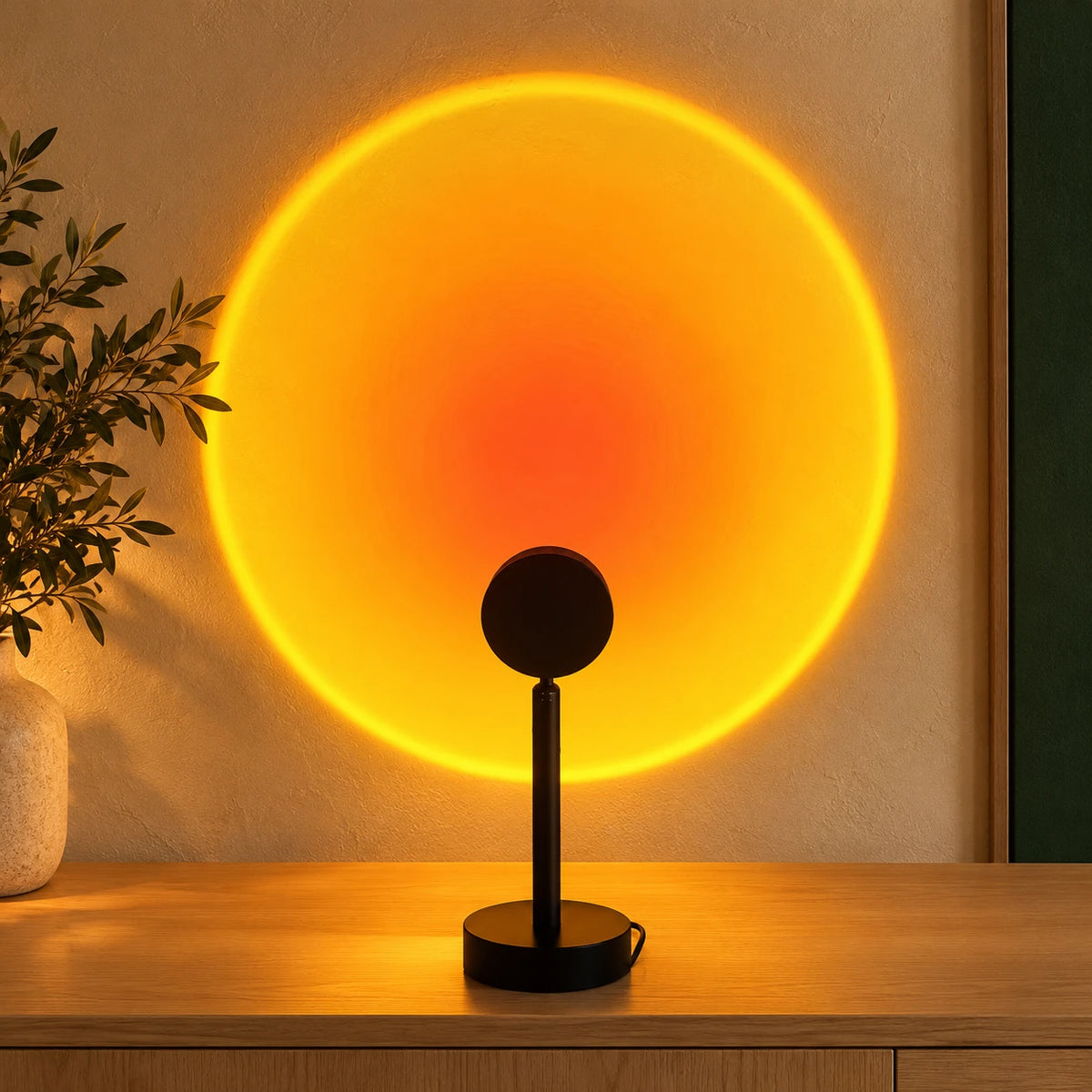 Lampe coucher de soleil noire sur une table en bois, projetant un halo jaune et orange sur un mur crème.