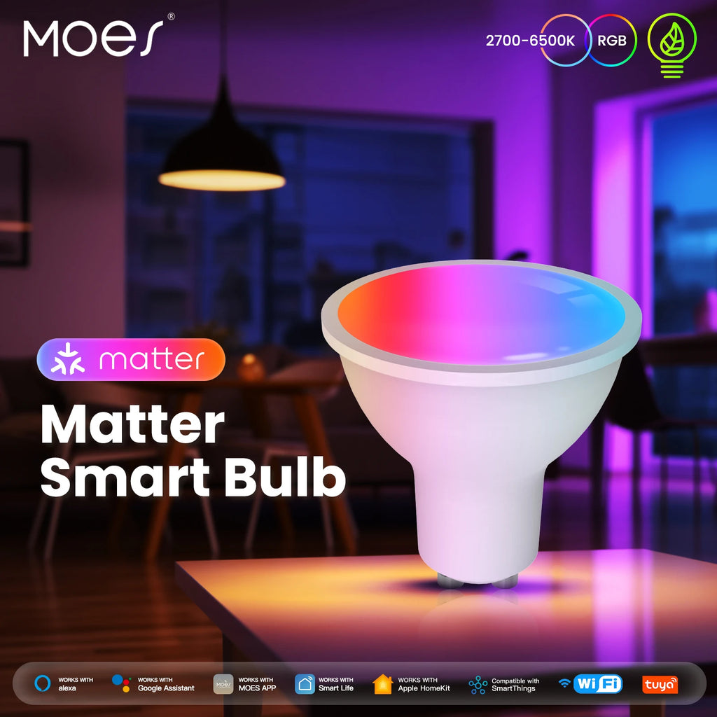 Ampoule GU10 multicolore présentée dans une ambiance lumineuse violette.