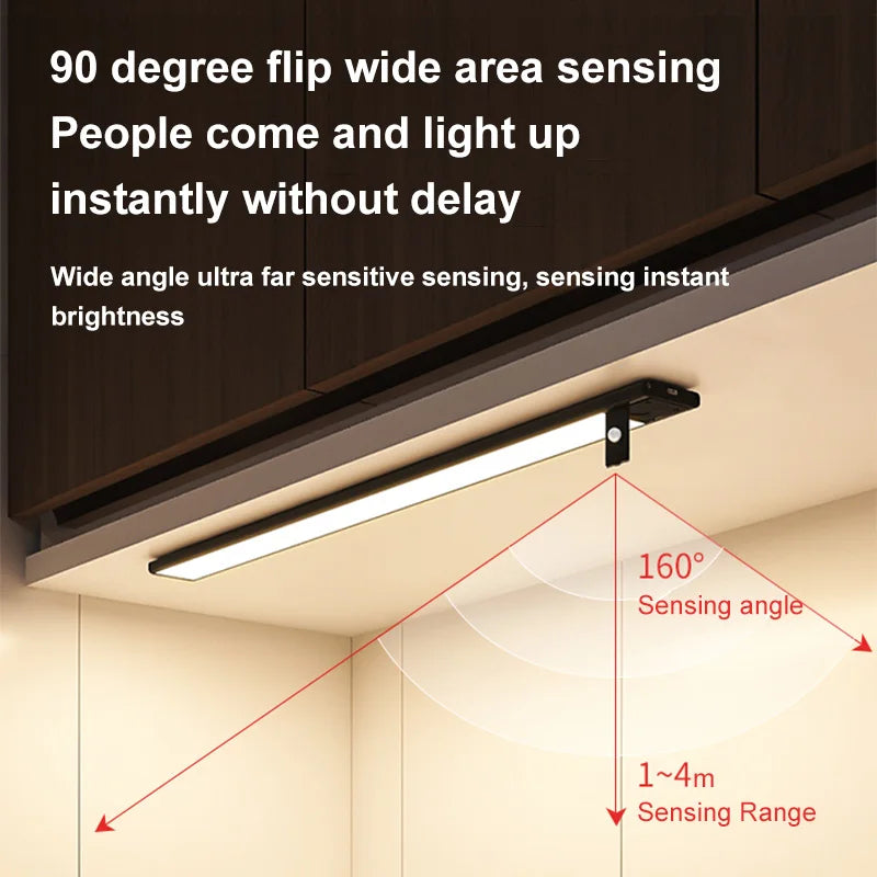 Réglette LED sous meuble avec un schéma illustrant la zone de détection.