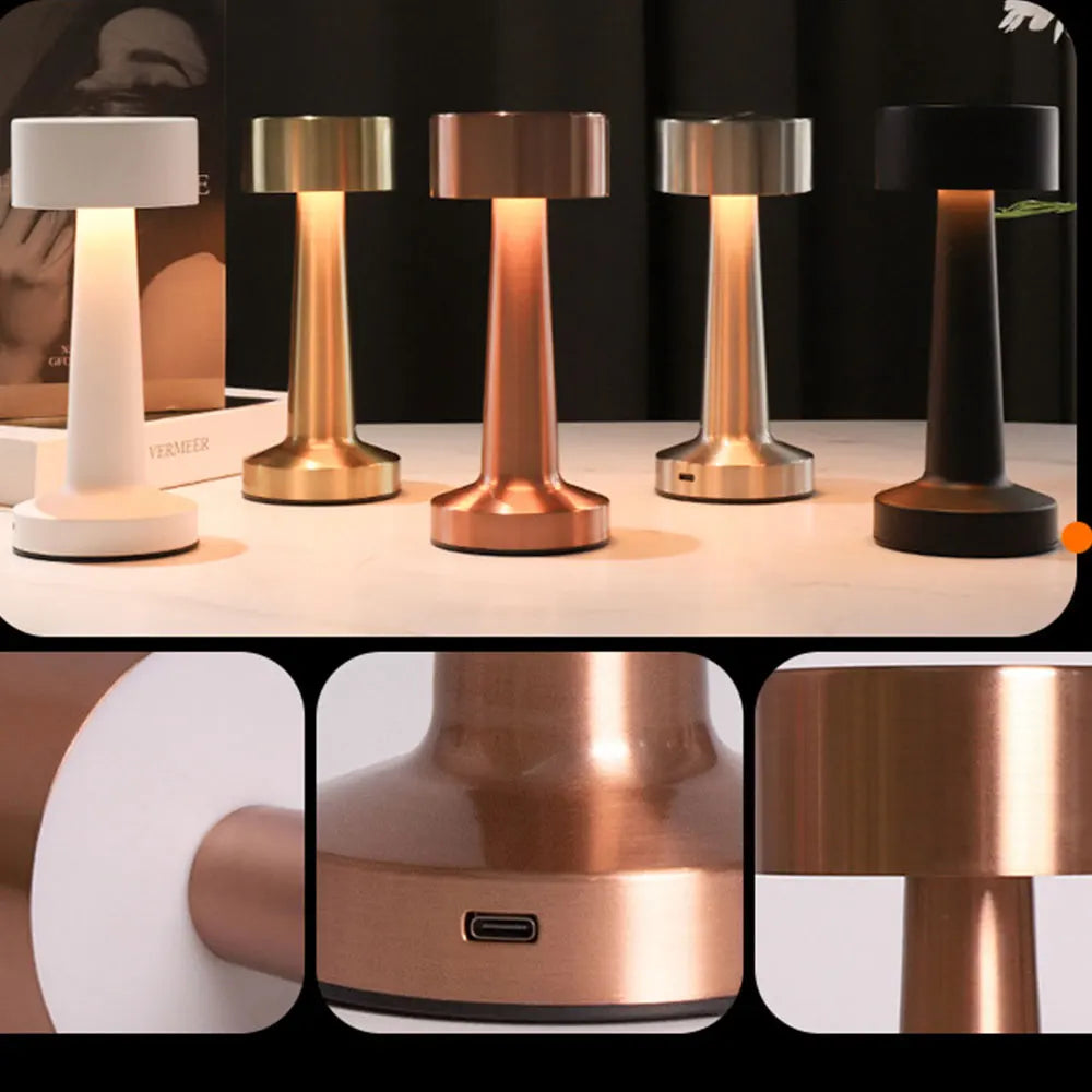 Plusieurs finitions de lampe de table et gros plans sur le pied et le port de recharge.