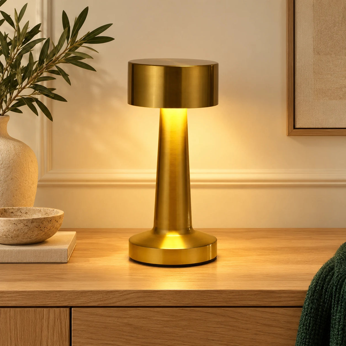 Lampe de table dorée à abat-jour cylindrique sur une console en bois dans un intérieur crème.