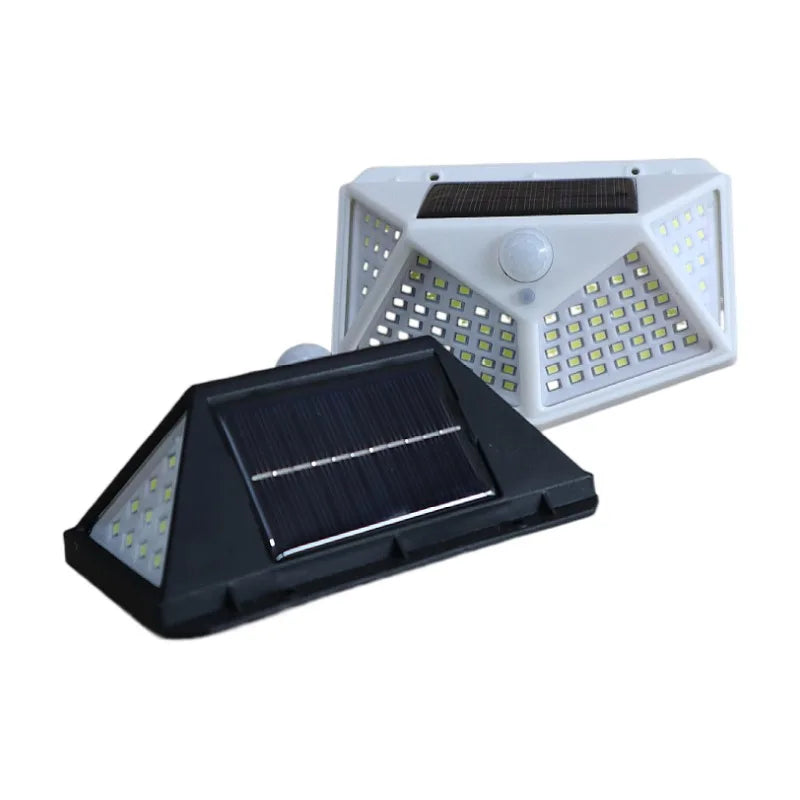 Appliques solaires noire et blanche montrant les panneaux et les faces LED.