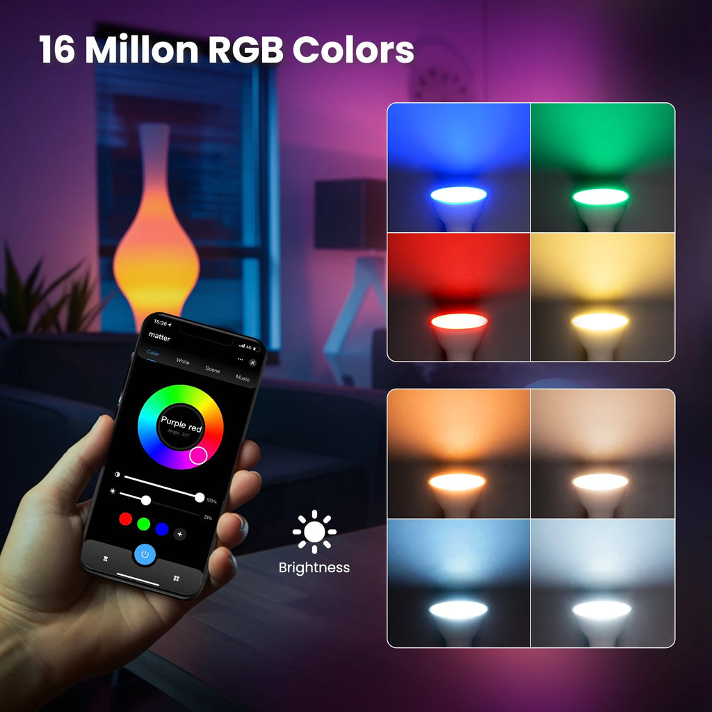 Téléphone avec roue de couleurs et exemples d’éclairages RGB de l’ampoule.