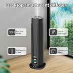 Diffuseur cylindrique noir près d’une fenêtre, avec écran et brume visible.