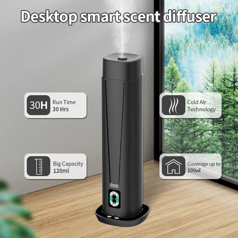 Diffuseur cylindrique noir près d’une fenêtre, avec écran et brume visible.