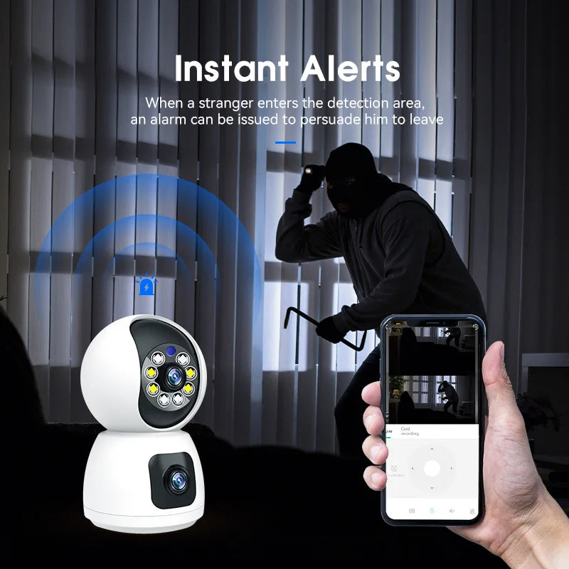 Caméra intérieure et téléphone dans un visuel illustrant les alertes de détection.