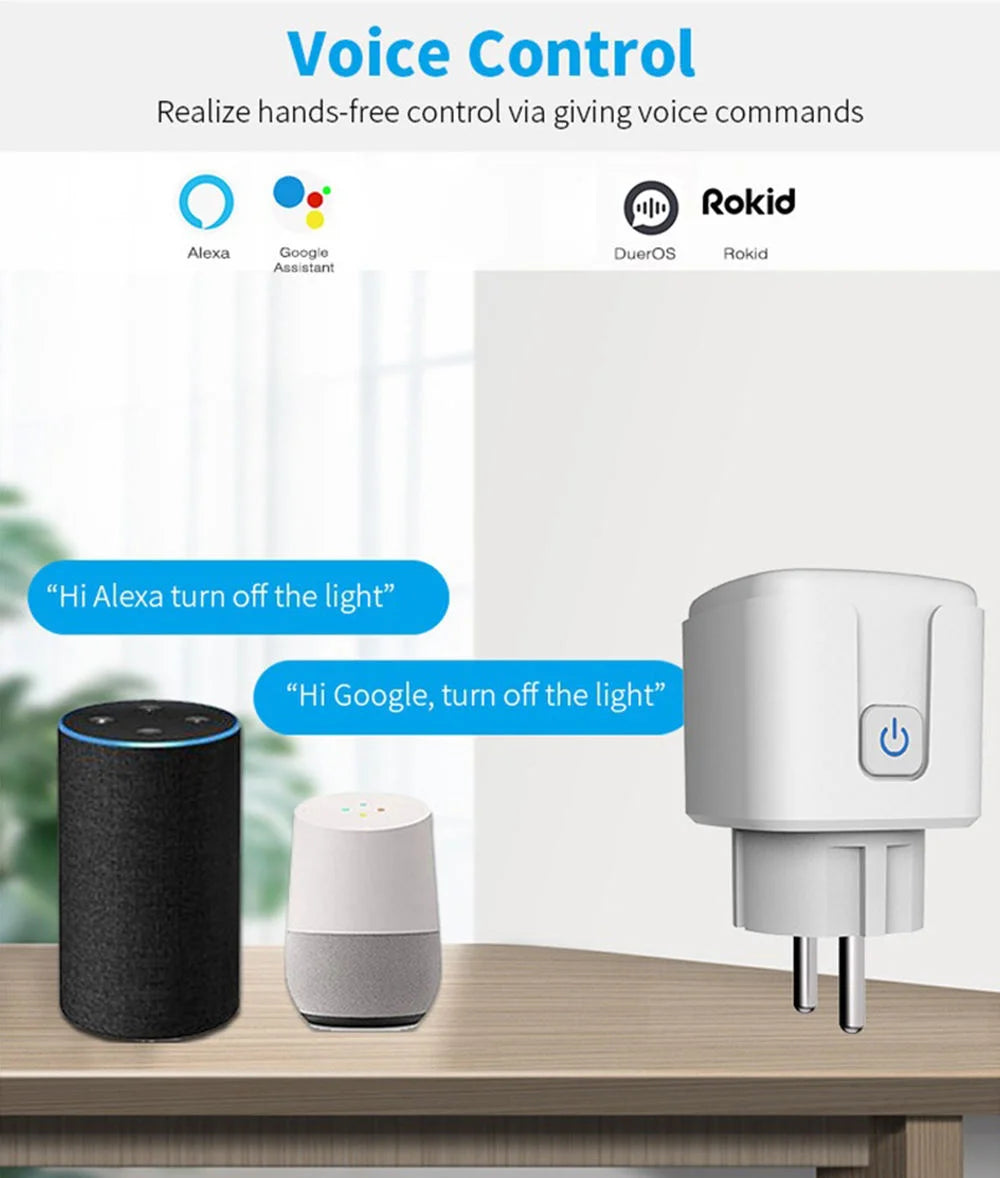 Visuel présentant la commande vocale d’une prise connectée avec enceintes et téléphone.