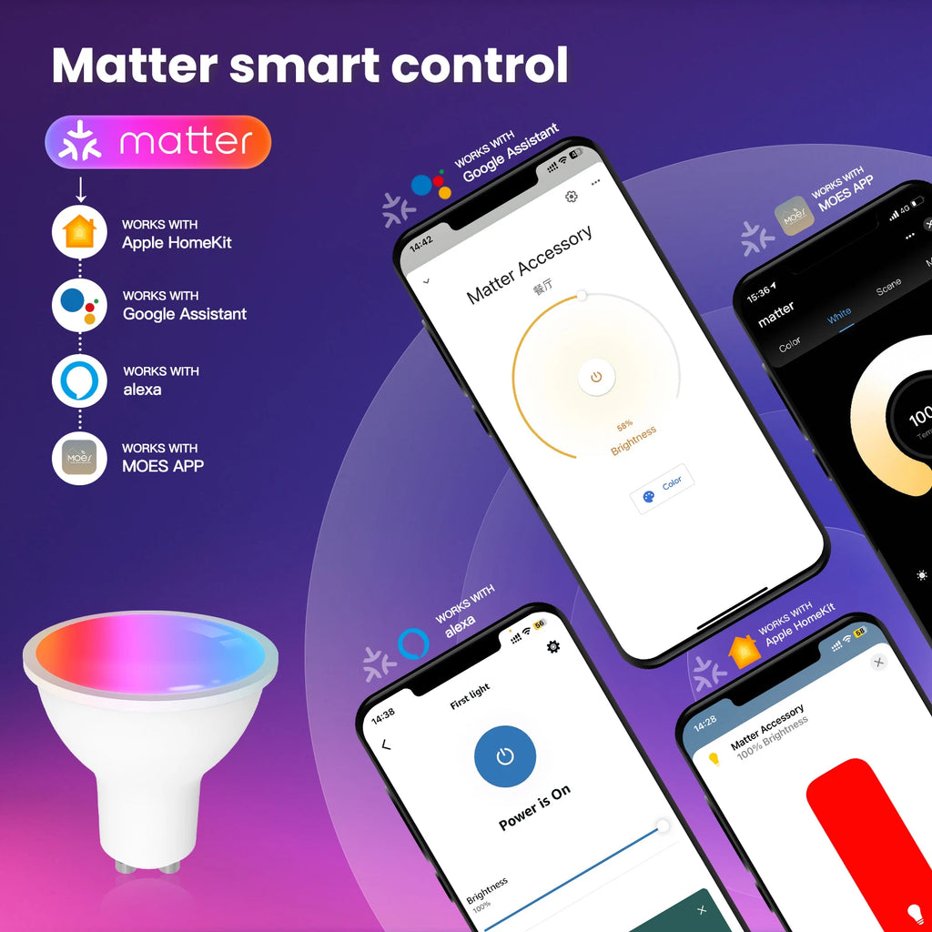 Ampoule connectée GU10 avec captures de commandes sur smartphone.