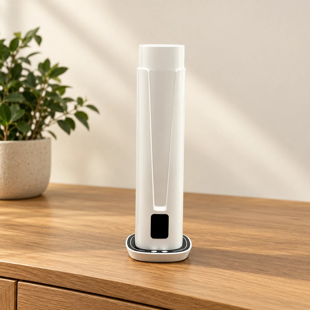 Diffuseur blanc vertical à socle ovale, posé sur une console en bois devant un mur crème.