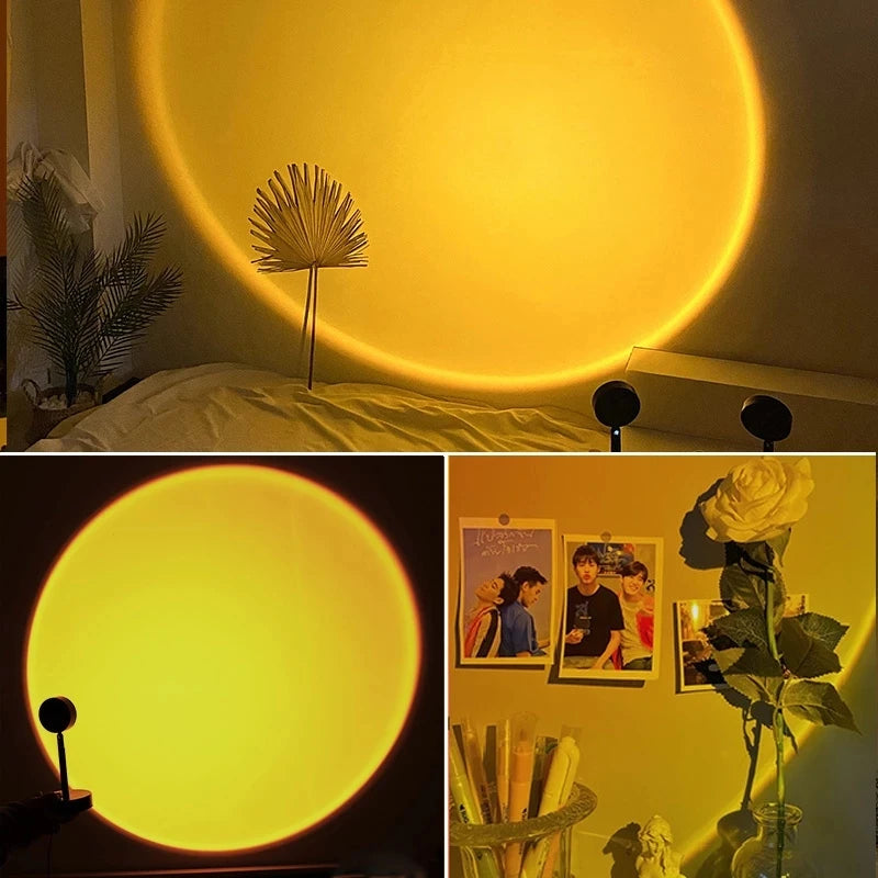 Montage de halos jaunes projetés par des lampes d’ambiance dans plusieurs intérieurs.