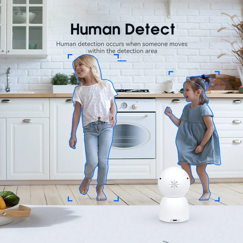 Caméra intérieure avec repères illustrant la détection de personnes dans une cuisine.