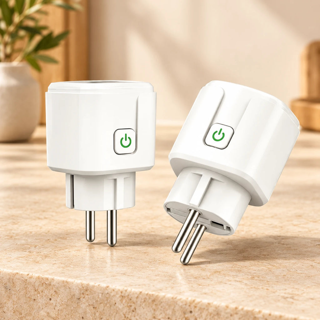 Deux vues d'une prise connectée blanche à deux broches rondes et bouton d'alimentation vert, sur fond crème.