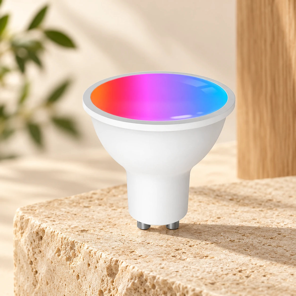 Ampoule blanche à culot GU10 avec disque supérieur multicolore, présentée sur une surface en pierre claire.