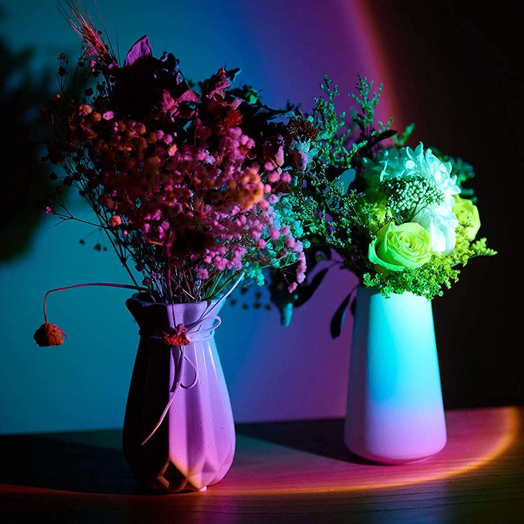 Vases de fleurs éclairés en bleu, rose et vert dans une pièce sombre.