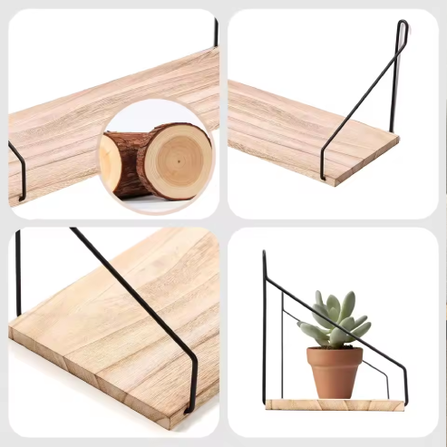 Détails de l’étagère murale en bois clair et de ses supports noirs.